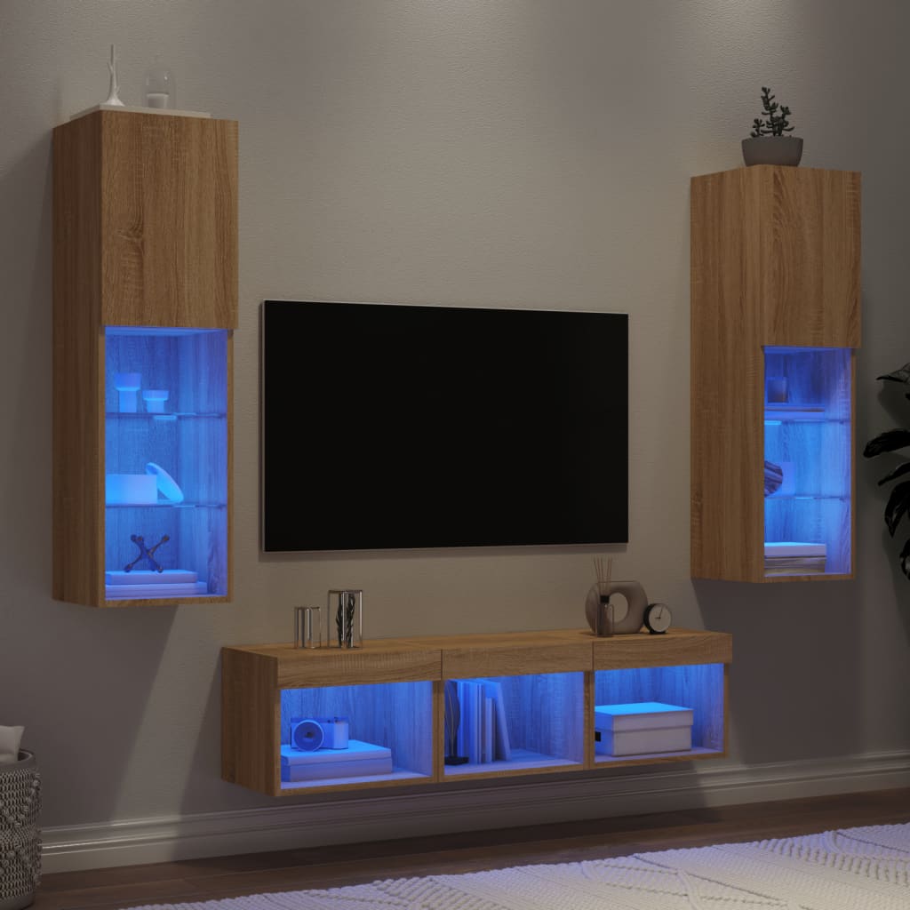 5 Piece TV Wall Units with LED Sonoma Oak Engineered Wood - Brittle & Co
