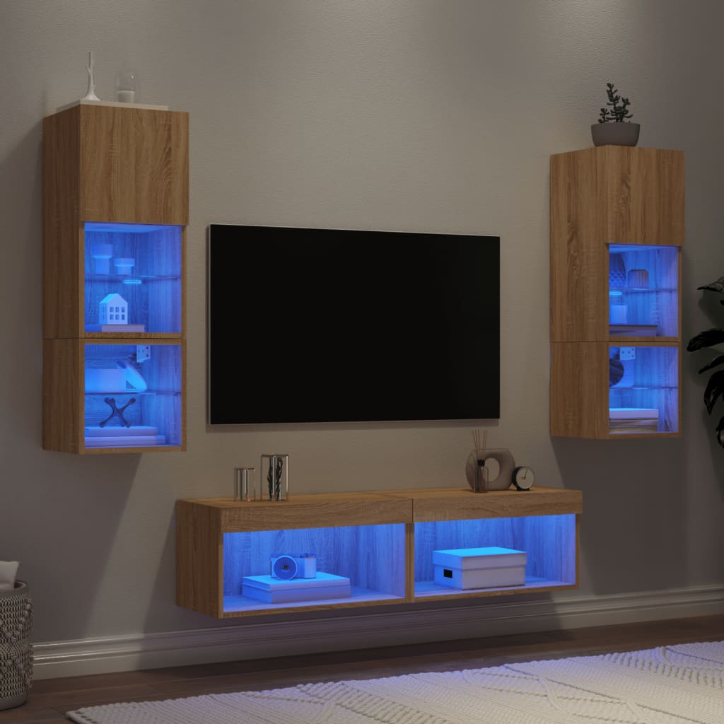 6 Piece TV Wall Units with LED Sonoma Oak Engineered Wood - Merkel Designers