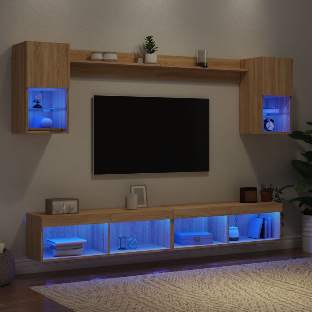 6 Piece TV Wall Units with LED Sonoma Oak Engineered Wood - Merlin Deals