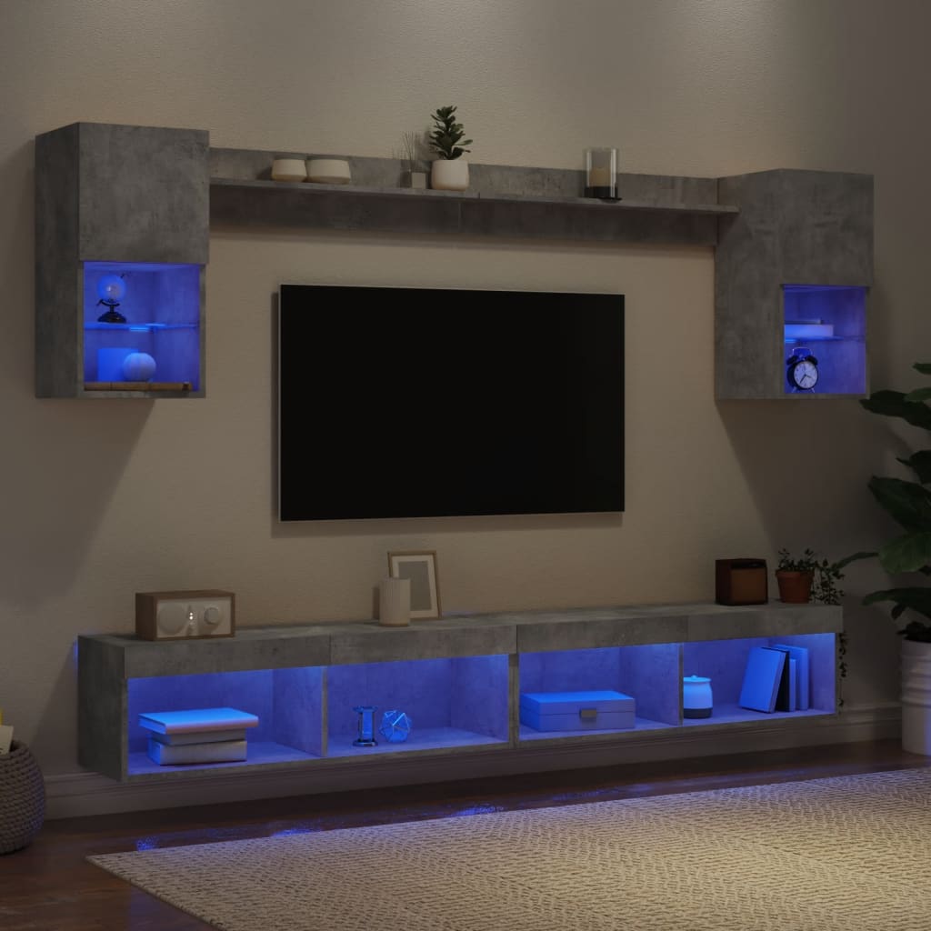 6 Piece TV Wall Units with LED Concrete Grey Engineered Wood - Merlin Deals