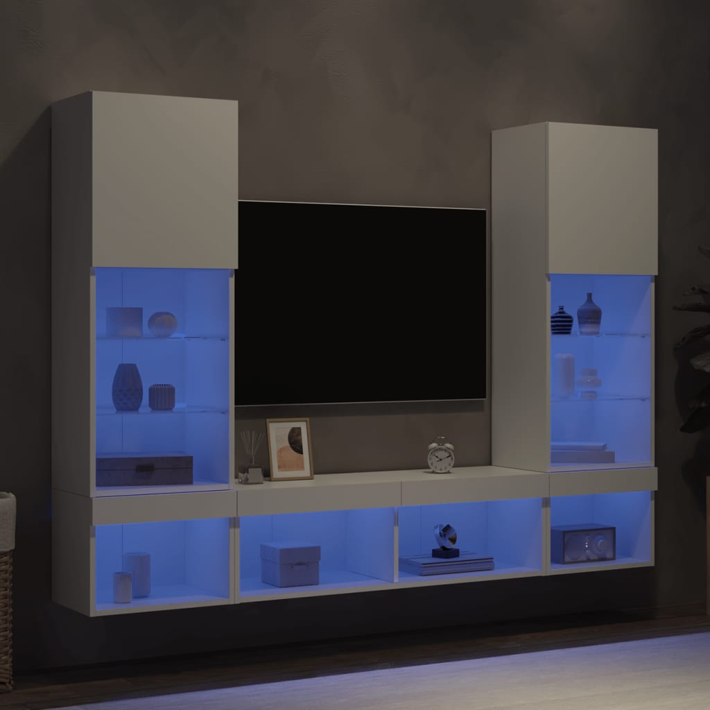 5 Piece TV Wall Units with LED White Engineered Wood - Merlin Deals