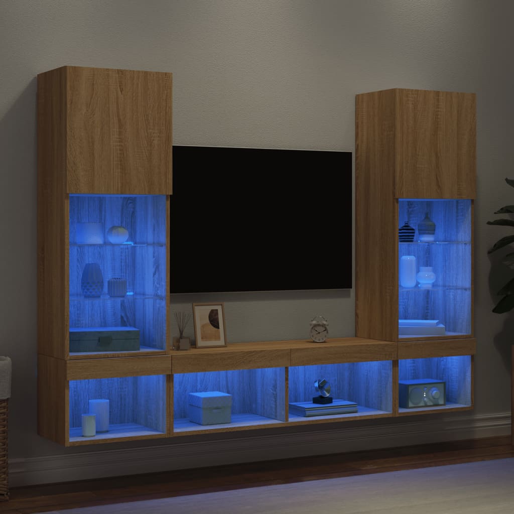 5 Piece TV Wall Units with LED Sonoma Oak Engineered Wood - Merlin Deals