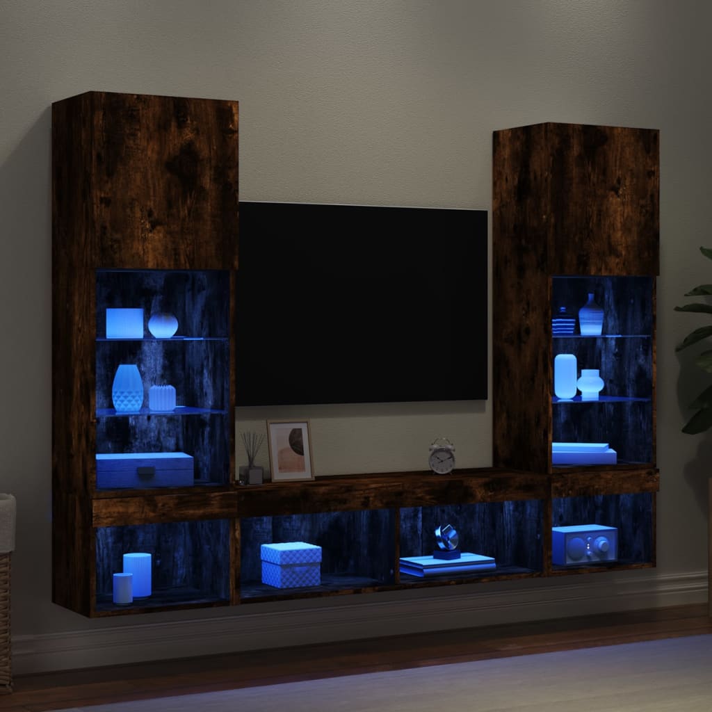 5 Piece TV Wall Units with LED Smoked Oak Engineered Wood - Merlin Deals