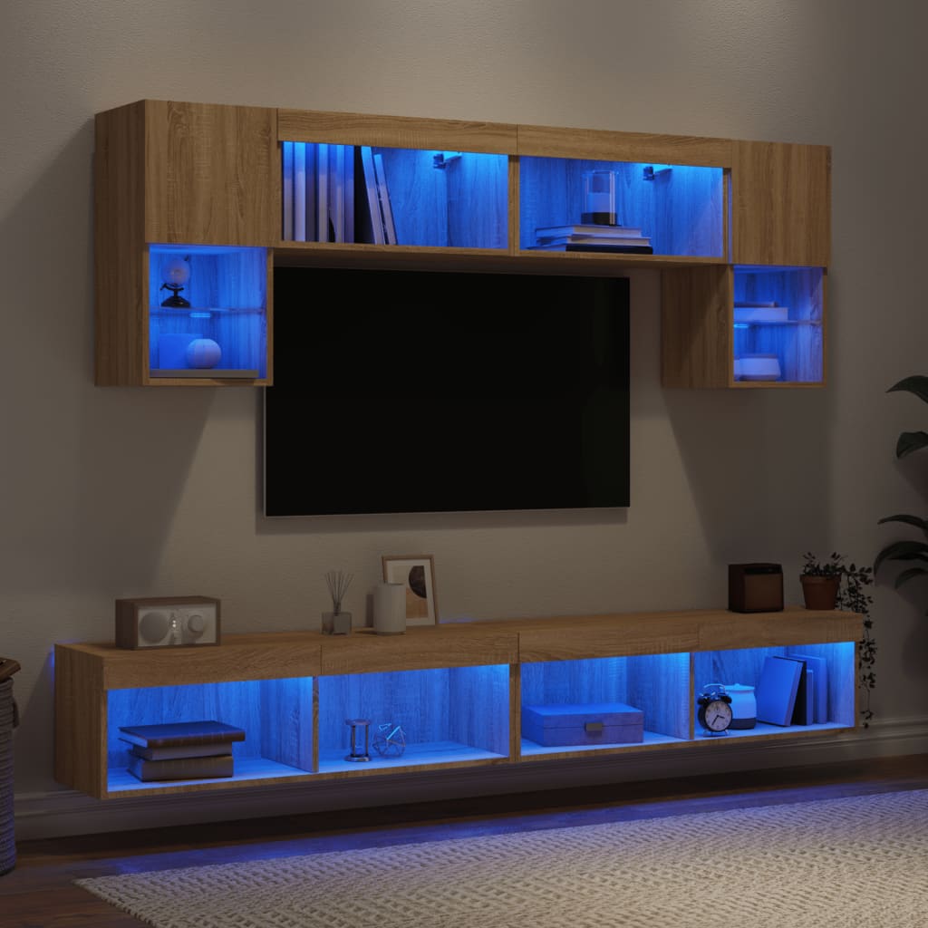 6 Piece TV Wall Units with LED Sonoma Oak Engineered Wood - Merlin Deals
