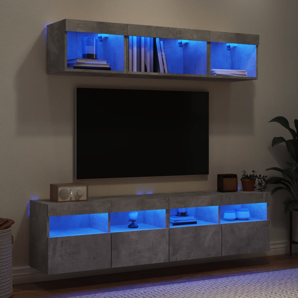5 Piece TV Wall Units with LED Concrete Grey Engineered Wood - Millennium Furniture