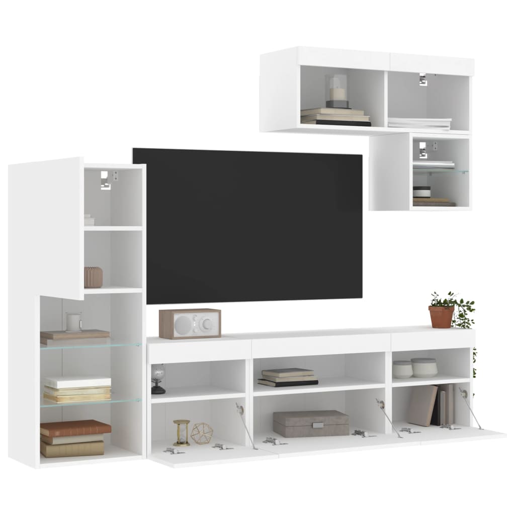 6 Piece TV Wall Units with LED White Engineered Wood - All Things Good