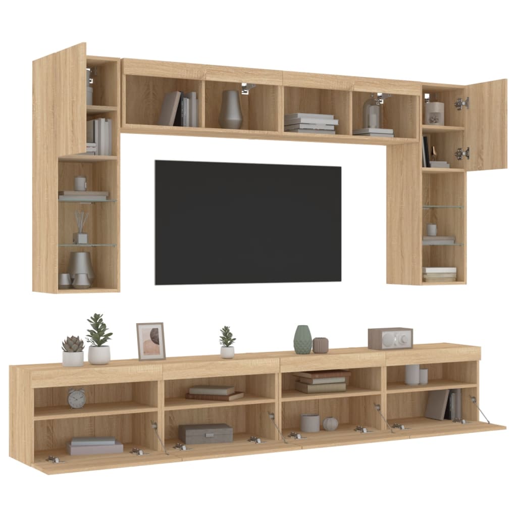 8 Piece TV Wall Cabinet Set with LED Lights Sonoma Oak - All Things Good
