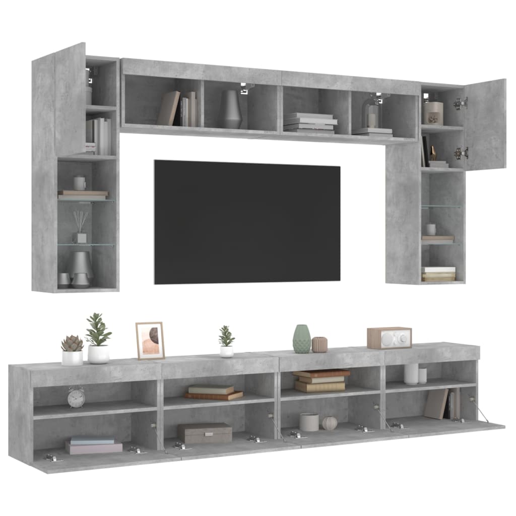 8 Piece TV Wall Cabinet Set with LED Lights Concrete Grey - Style and Chic
