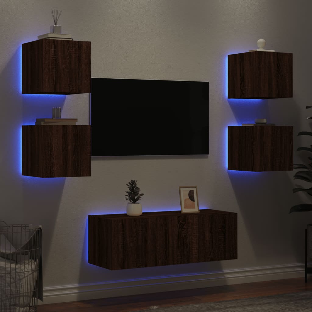6 Piece TV Wall Units with LED Brown Oak Engineered Wood - vid-3216817 - Design Hut