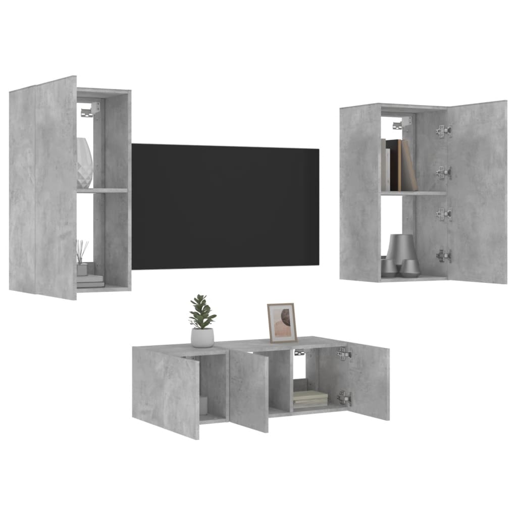 4 Piece TV Wall Units with LED Concrete Grey Engineered Wood - Style and Chic