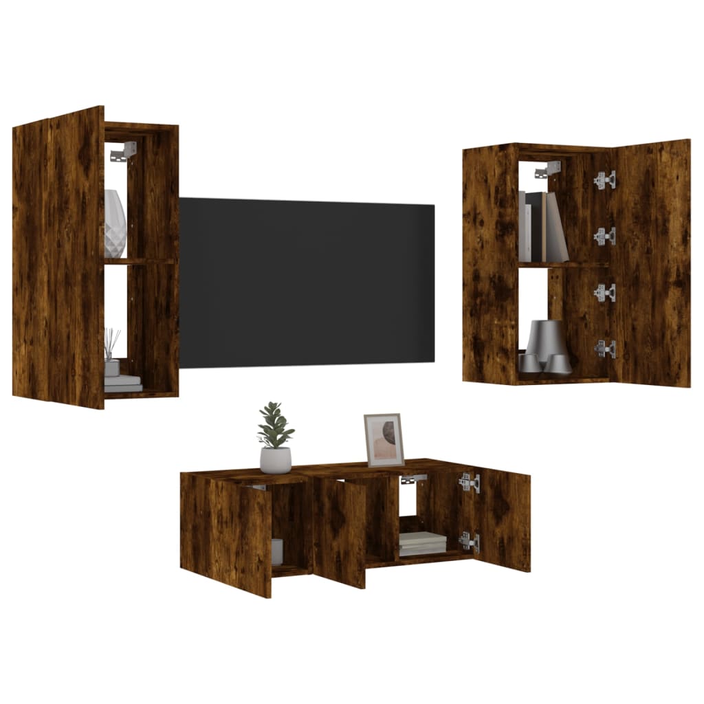4 Piece TV Wall Units with LED Smoked Oak Engineered Wood - Direct Imports