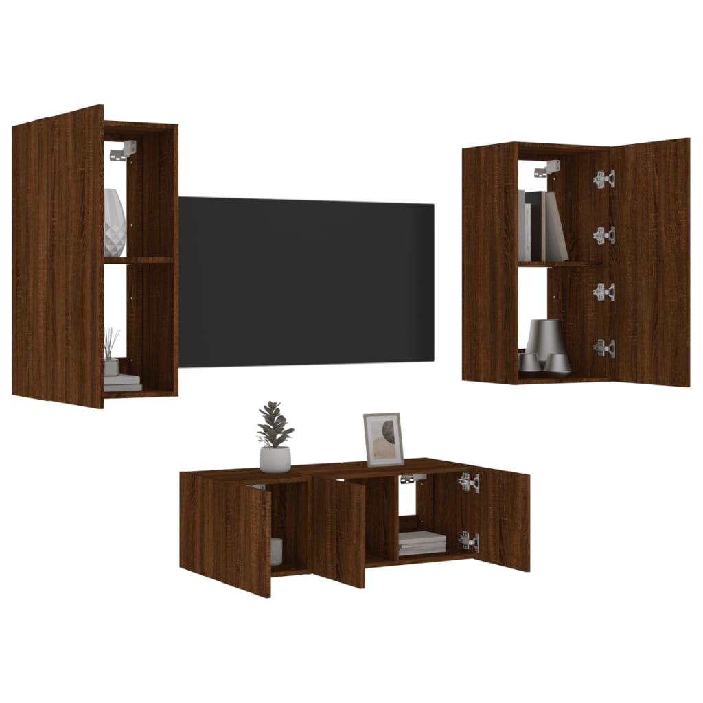 4 Piece TV Wall Units with LED Brown Oak Engineered Wood - The Home Maker