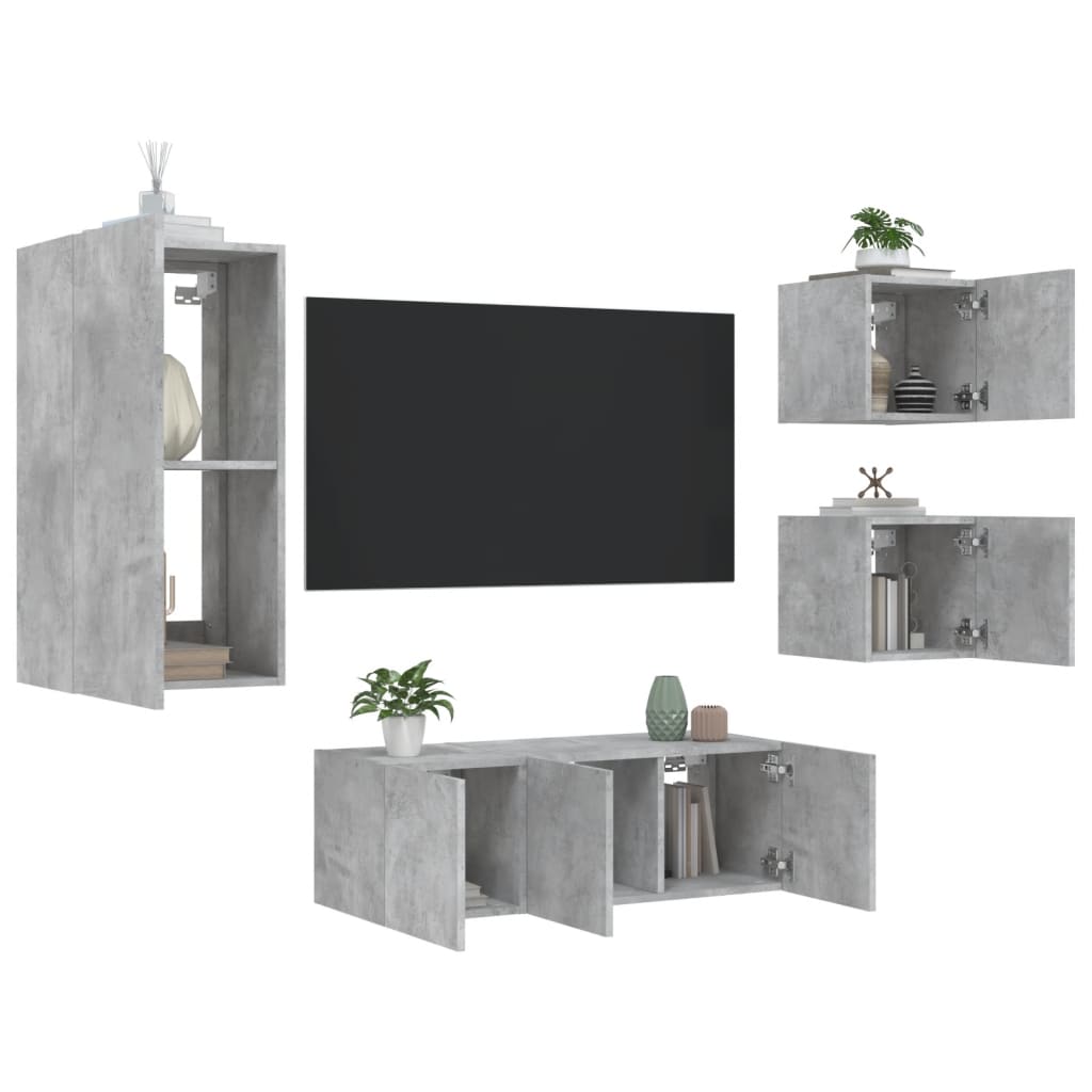 5 Piece TV Wall Units with LED Concrete Grey Engineered Wood - Casper Homes