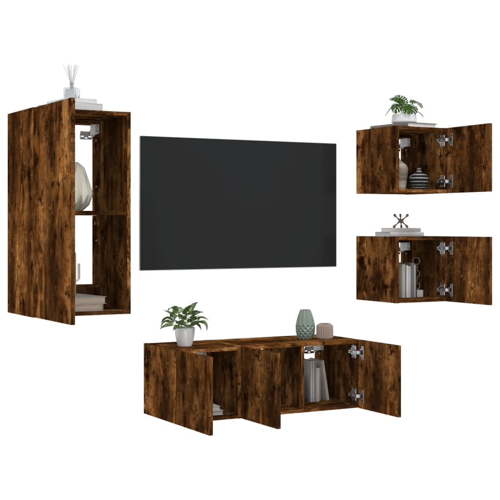 5 Piece TV Wall Units with LED Smoked Oak Engineered Wood - All Things Good