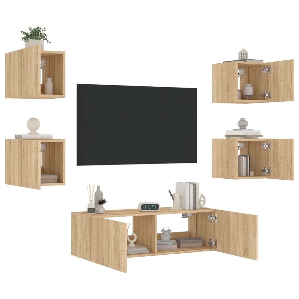5 Piece TV Wall Cabinets with LED Lights Sonoma Oak - All Things Good