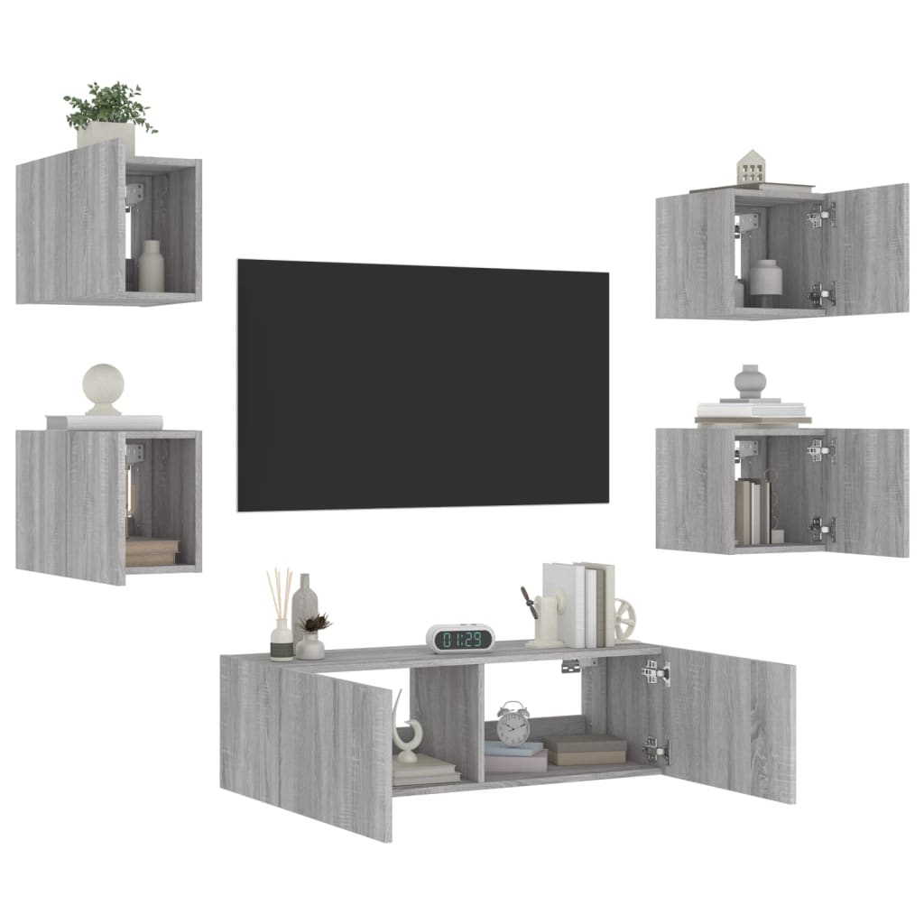 5 Piece TV Wall Cabinets with LED Lights Grey Sonoma - Merkel Designers