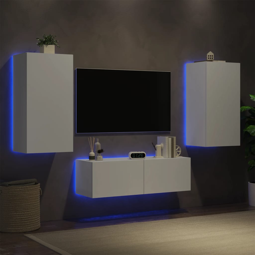 3 Piece TV Wall Cabinets with LED Lights White - Brittle & Co