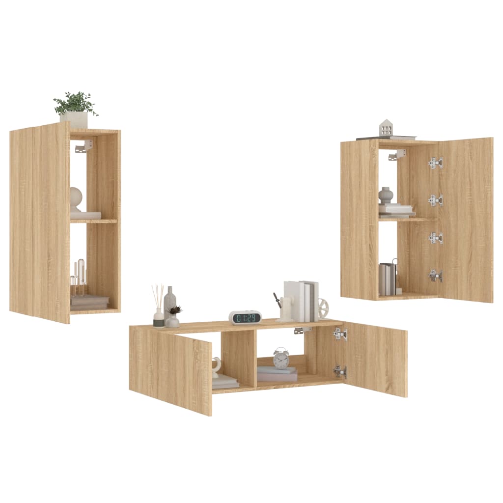 3 Piece TV Wall Cabinets with LED Lights Sonoma Oak - All Things Good