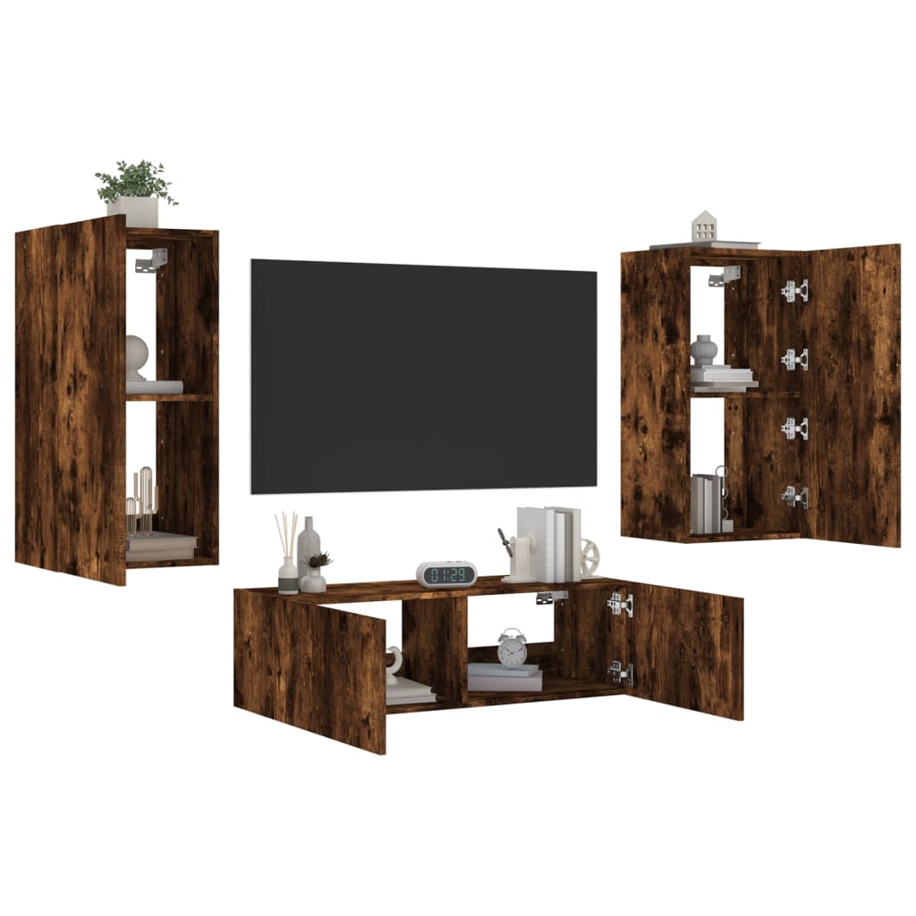 3 Piece TV Wall Cabinets with LED Lights Smoked Oak - Merkel Designers