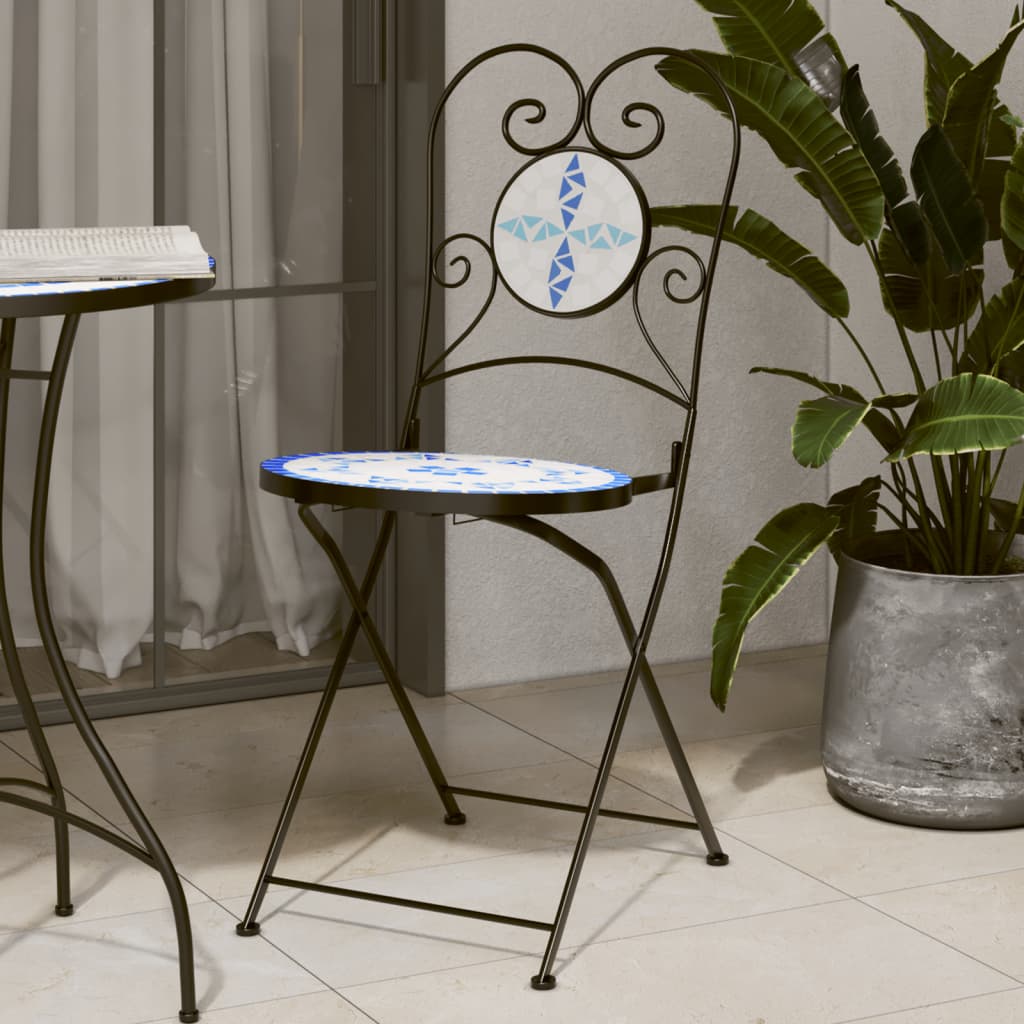 Bistro Chairs Foldable 2 pcs Blue and White Ceramic - Brittle & Co