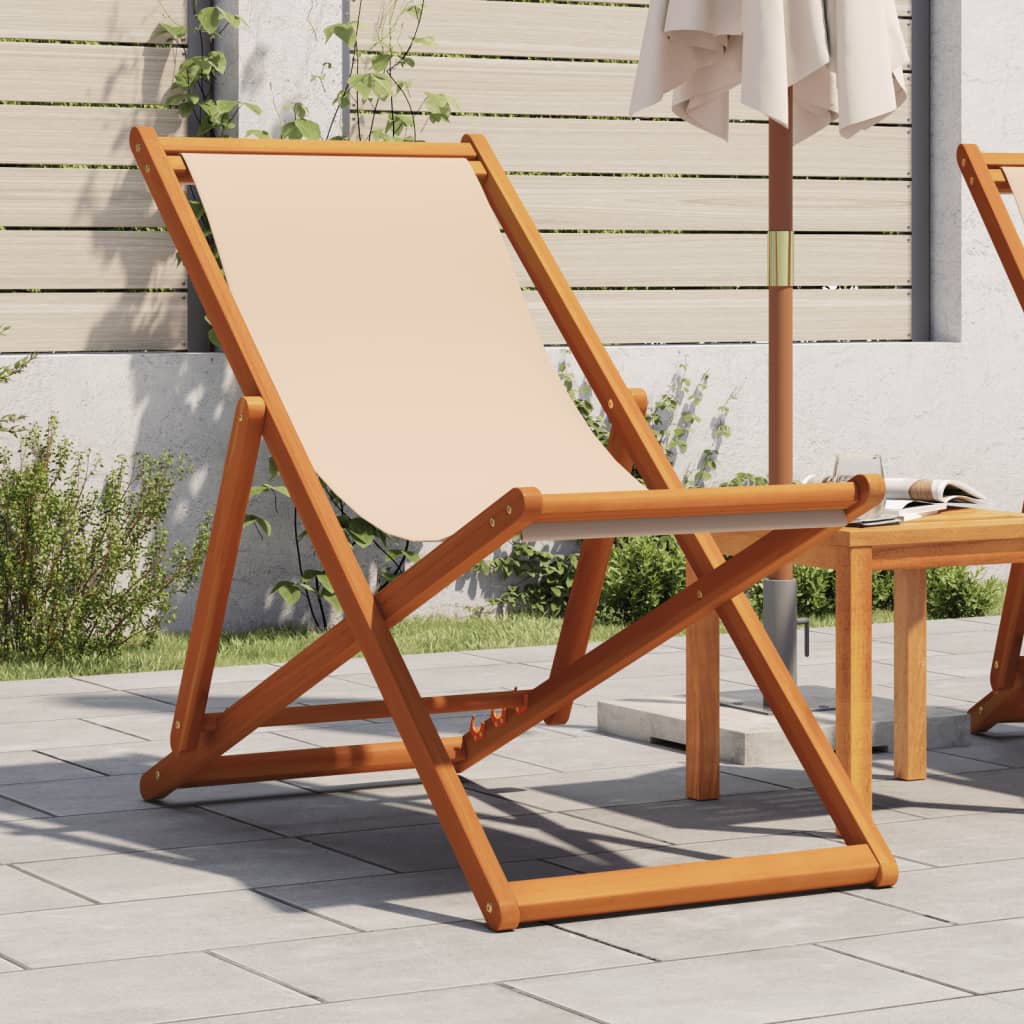 Folding Beach Chair Beige Solid Wood Eucalyptus and Fabric - Brittle & Co