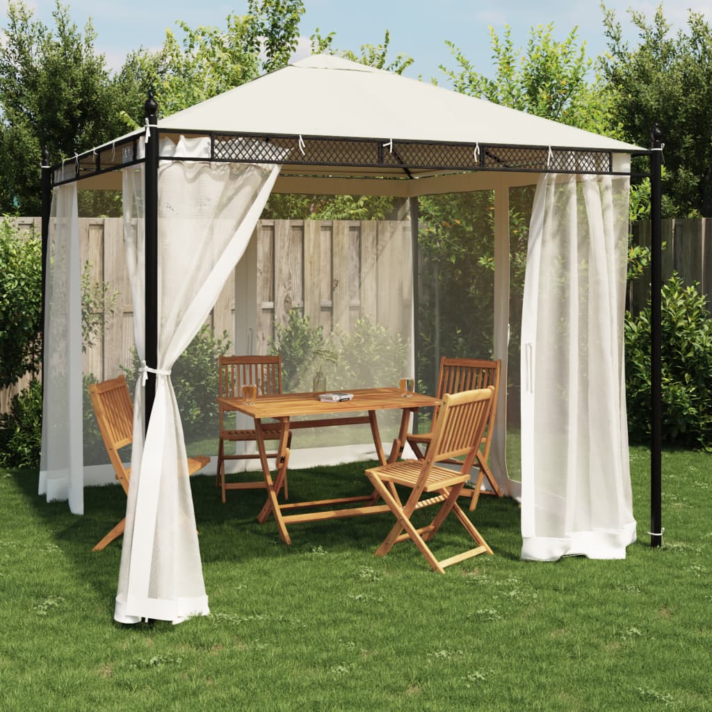 Gazebo with Mesh Walls Cream 2.93x2.93 m Steel - Charlotte Dunes