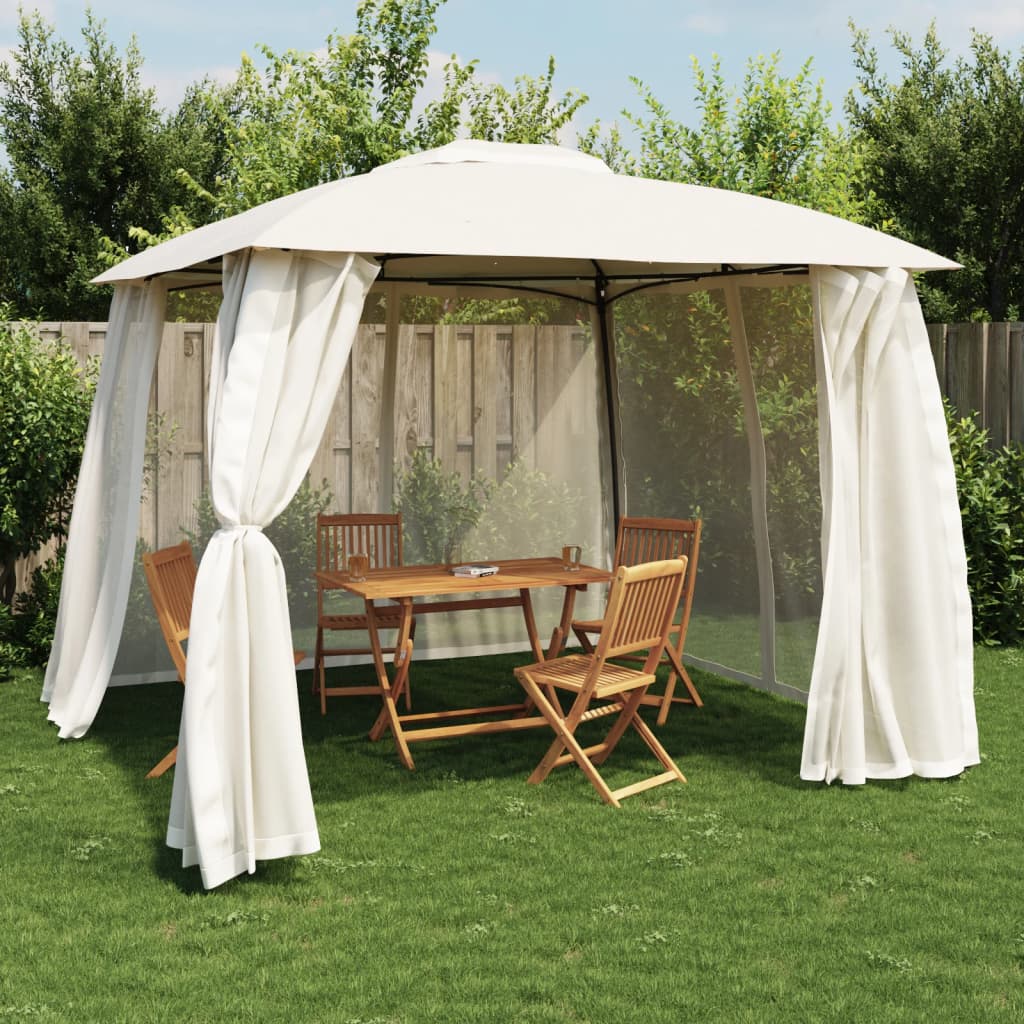 Gazebo with Double Roof and Mesh Walls Cream 2.93x2.93 m Steel - Charlotte Dunes
