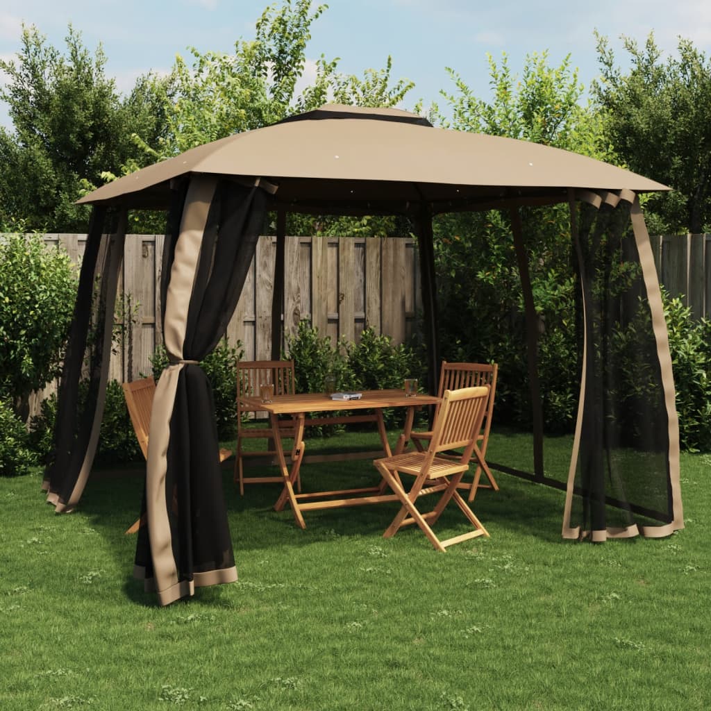 Gazebo with Double Roof and Mesh Walls Taupe 2.93x2.93 m Steel - Merkel Designers