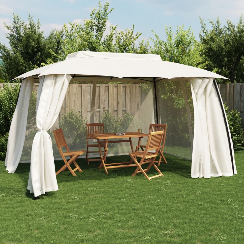 Gazebo with Double Roof and Mesh Walls Cream 3.93x2.93 m Steel - Charlotte Dunes