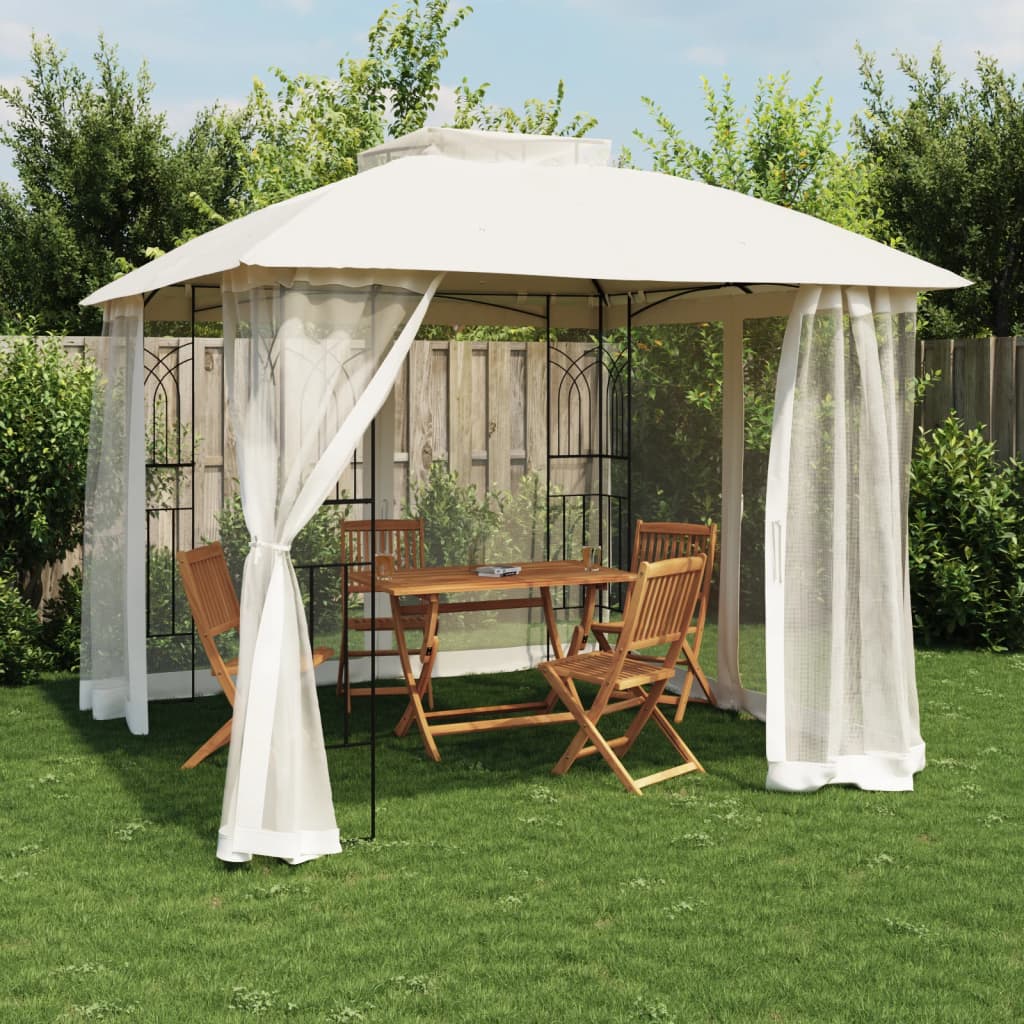 Gazebo with Double Roof and Mesh Walls Cream 2.94x2.94 m Steel - Charlotte Dunes