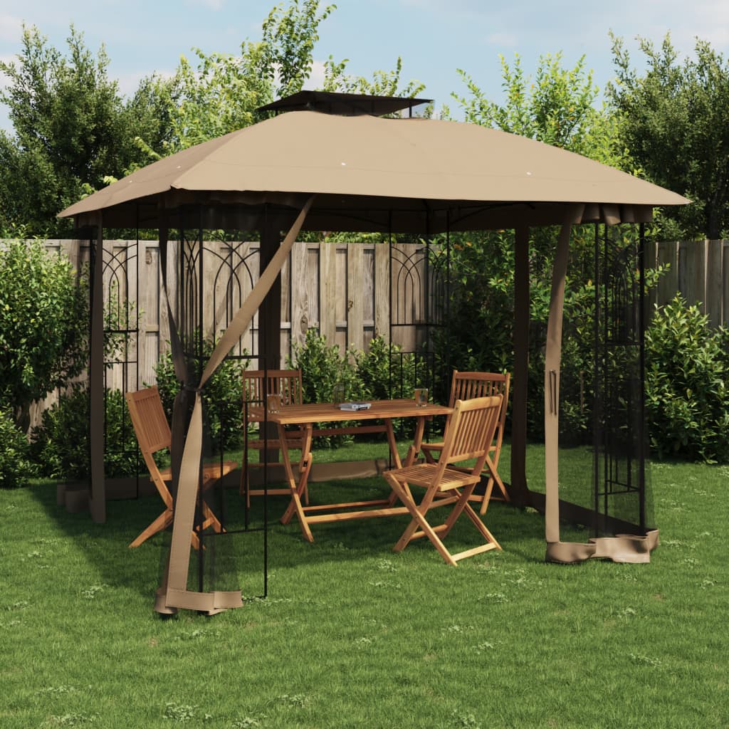 Gazebo with Double Roof and Mesh Walls Taupe 2.94x2.94 m Steel - Charlotte Dunes