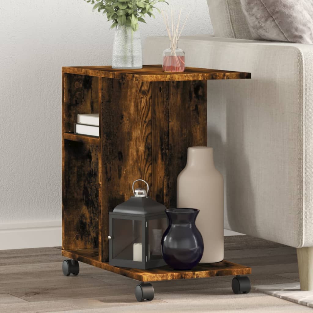 Side Table with Wheels Smoked Oak 50x30x55 cm Engineered Wood - Brittle & Co