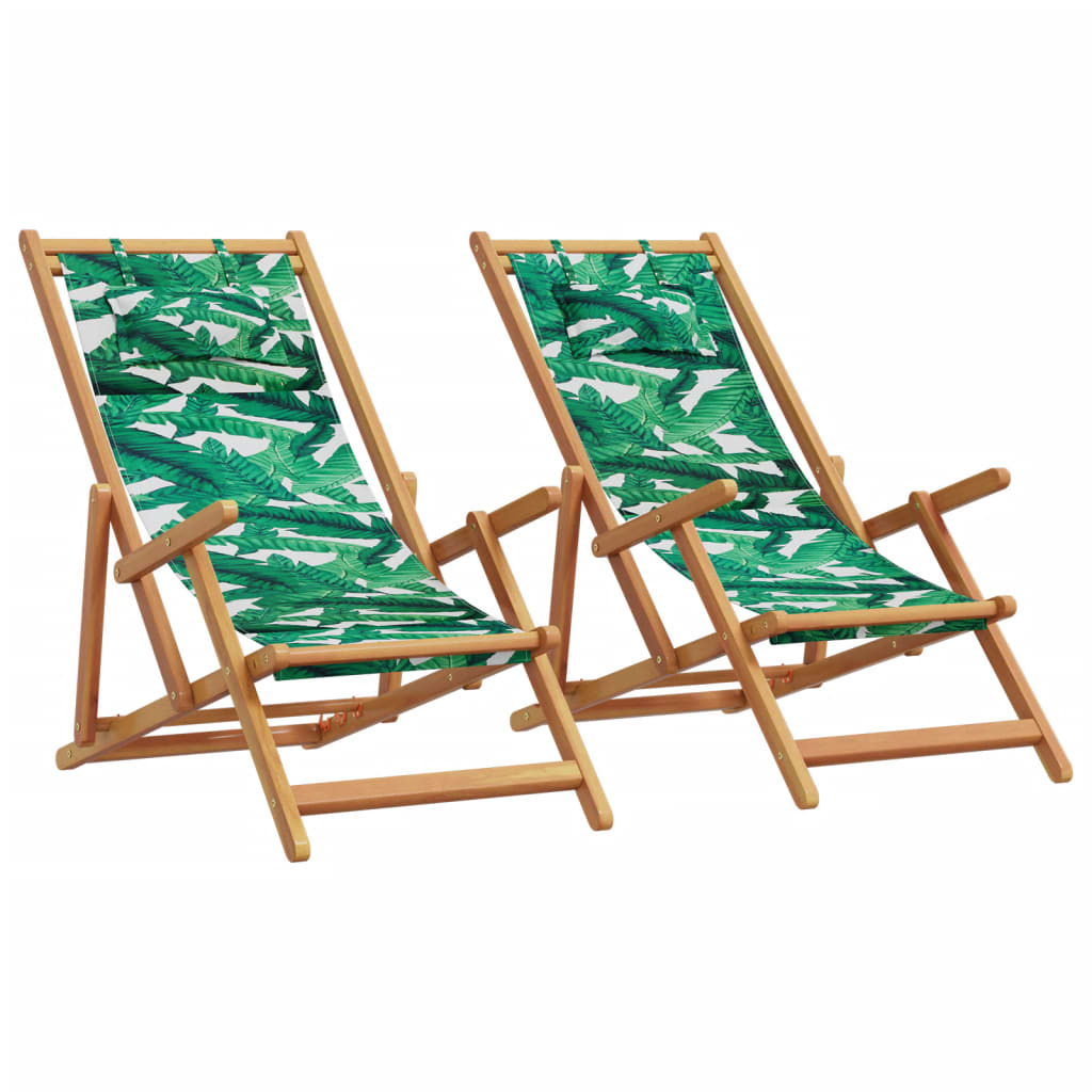 Folding Beach Chairs 2 pcs Leaf Pattern Fabric and Solid Wood - Brittle & Co