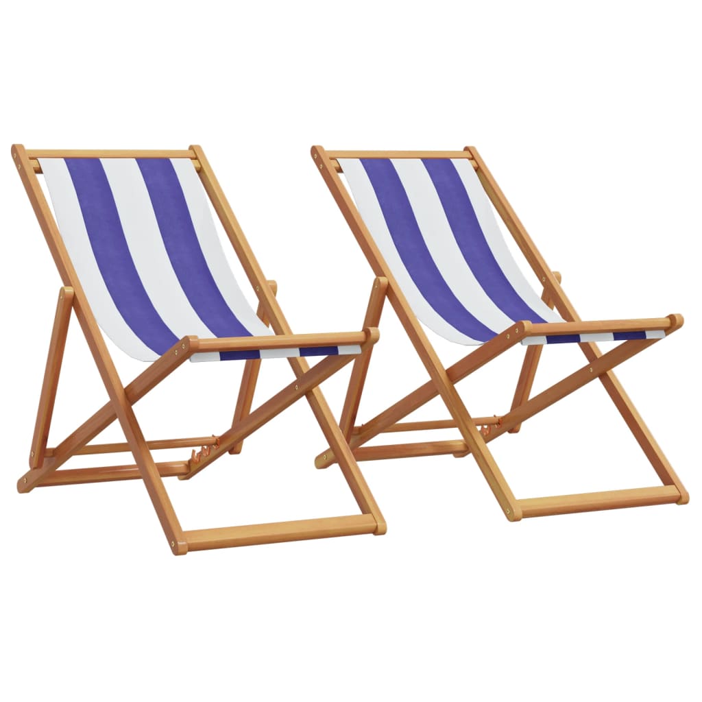 Folding Beach Chairs 2 pcs Blue and White Fabric and Solid Wood - vid-3214501 - Brittle & Co