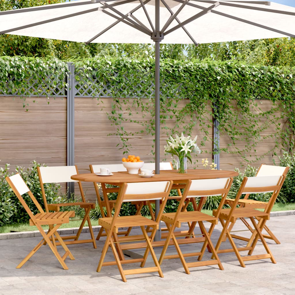 Folding Garden Chairs 8 pcs Cream White Fabric and Solid Wood - vid-3214612 - Brittle & Co