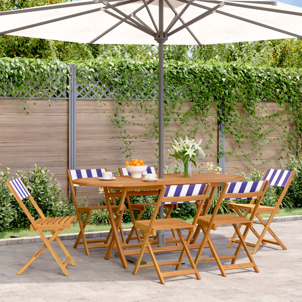 Folding Garden Chairs 6 pcs Blue and White Fabric and Solid Wood - vid-3214626 - Brittle & Co