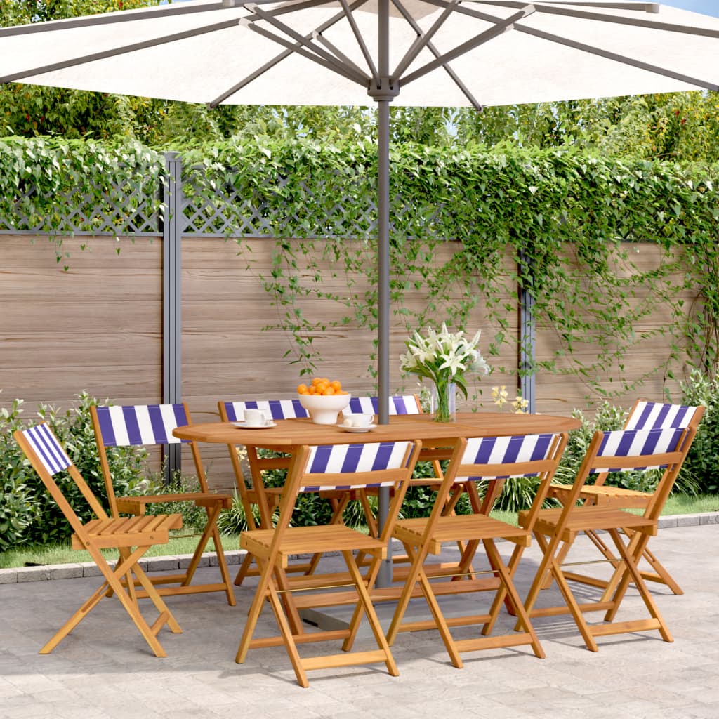Folding Garden Chairs 8 pcs Blue and White Fabric and Solid Wood - vid-3214627 - Brittle & Co