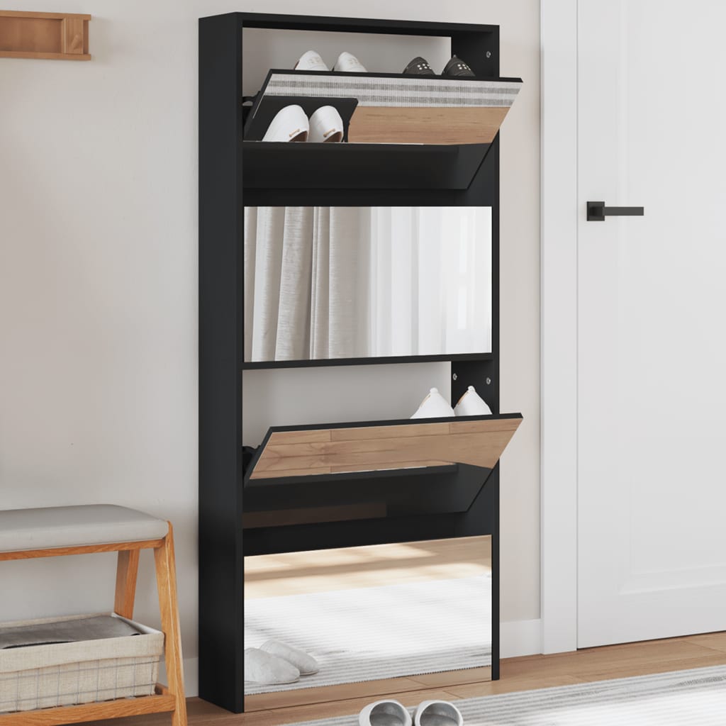 Shoe Cabinet with Mirror 4-Layer Black 63x17x134 cm - Brittle & Co