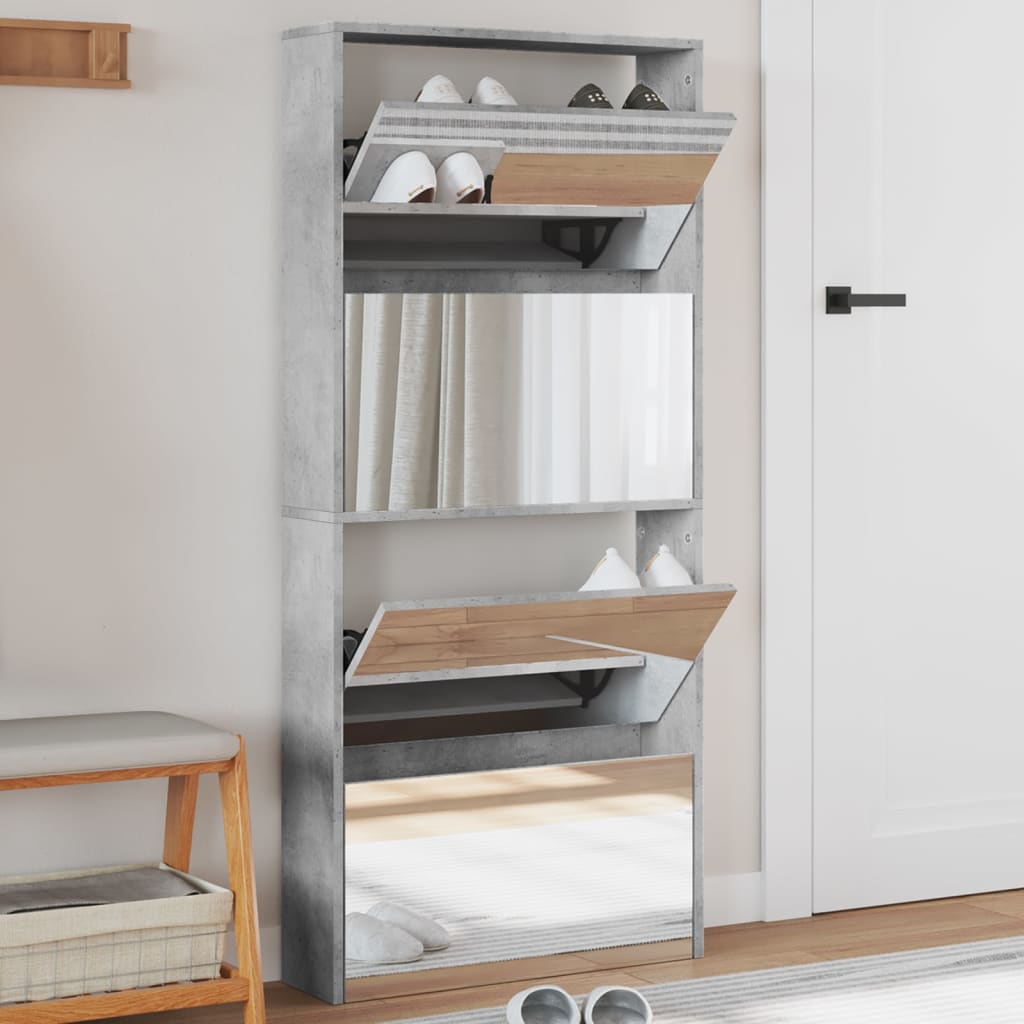 Shoe Cabinet with Mirror 4-Layer Concrete Grey 63x17x134 cm - Merlin Deals