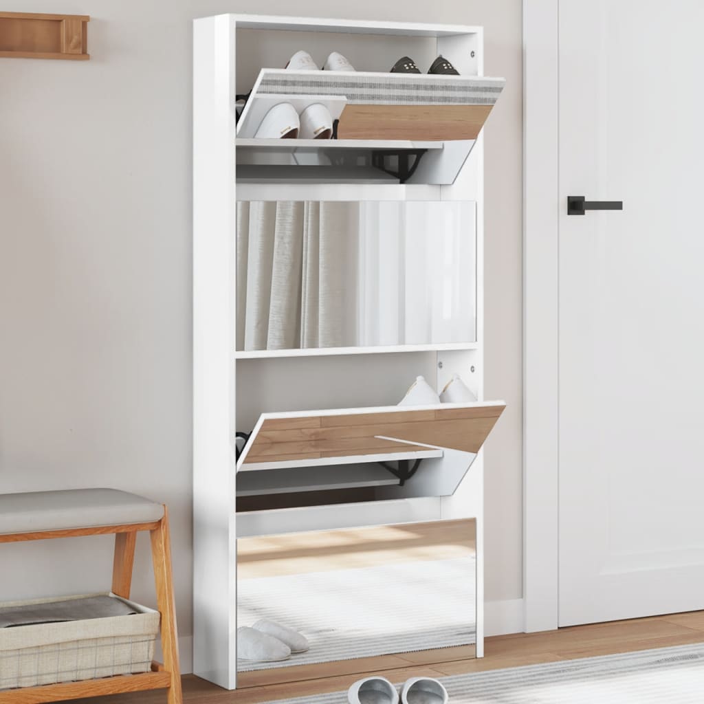 Shoe Cabinet with Mirror 4-Layer High Gloss White 63x17x134 cm - Brittle & Co