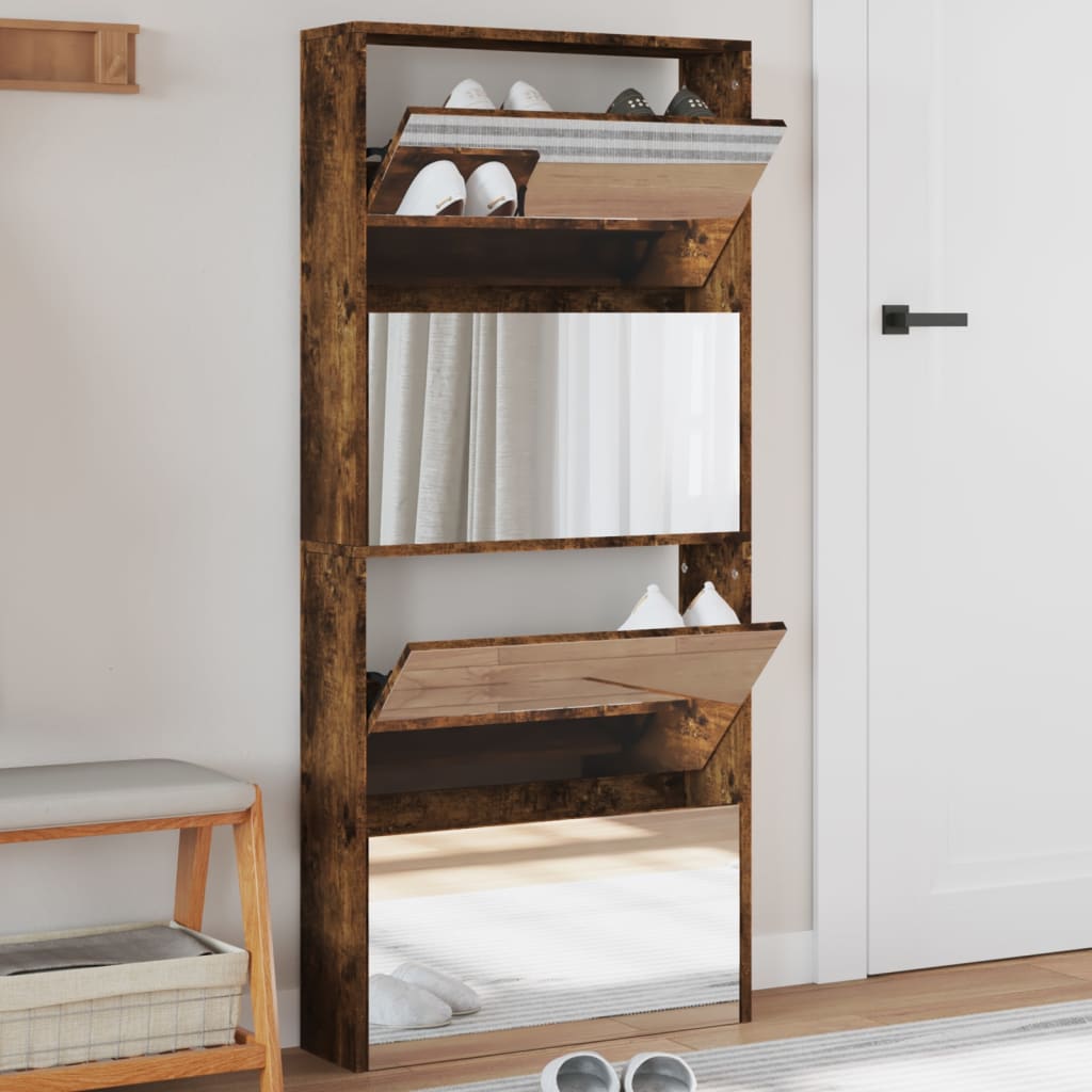 Shoe Cabinet with Mirror 4-Layer Smoked Oak 63x17x134 cm - Merlin Deals