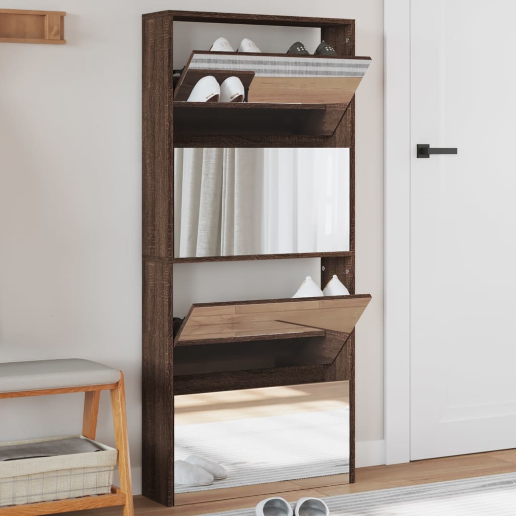 Shoe Cabinet with Mirror 4-Layer Brown Oak 63x17x134 cm - Charlotte Dunes
