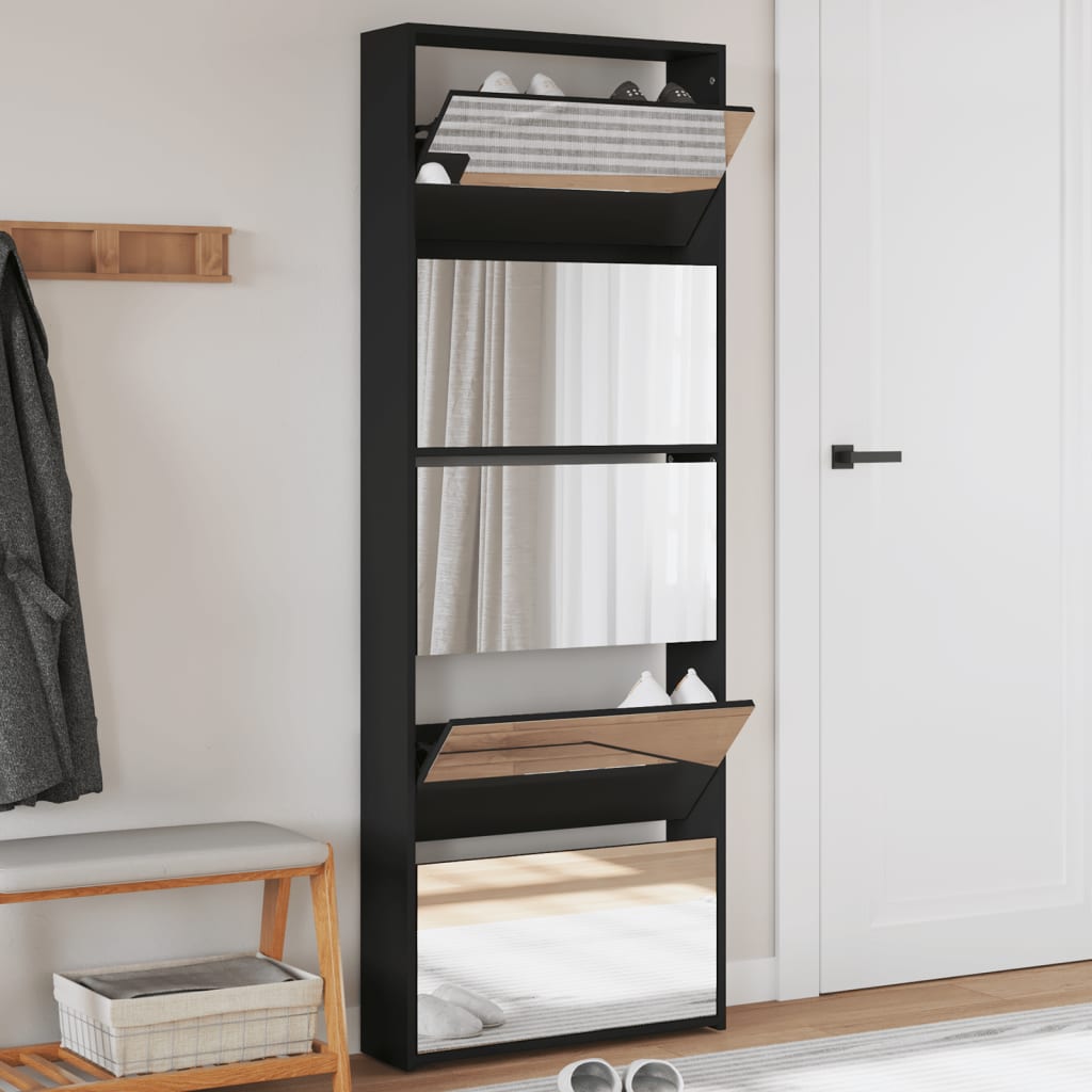 Shoe Cabinet with Mirror 5-Layer Black 63x17x169.5 cm - Merlin Deals