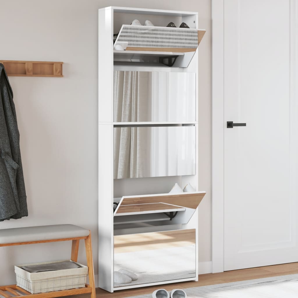 Shoe Cabinet with Mirror 5-Layer High Gloss White 63x17x169.5 cm - Merlin Deals