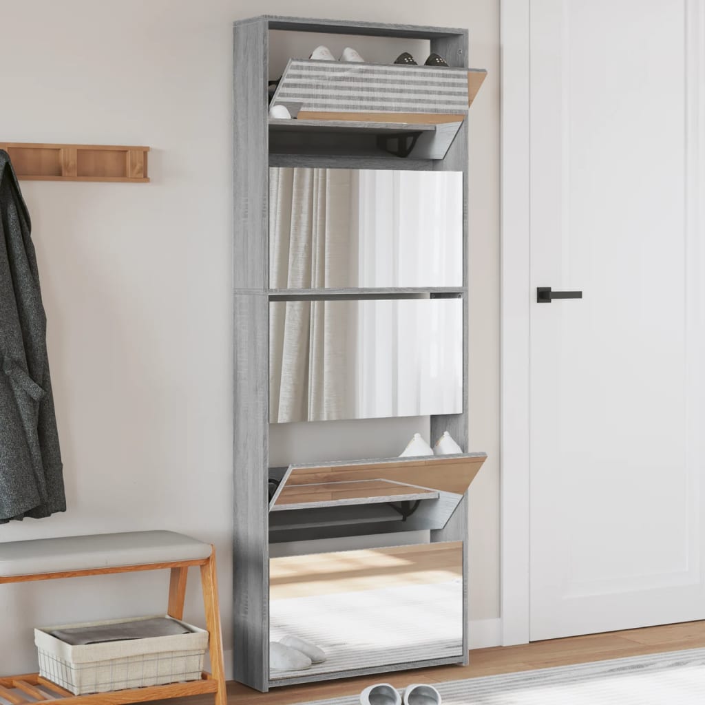 Shoe Cabinet with Mirror 5-Layer Grey Sonoma 63x17x169.5 cm - Charlotte Dunes