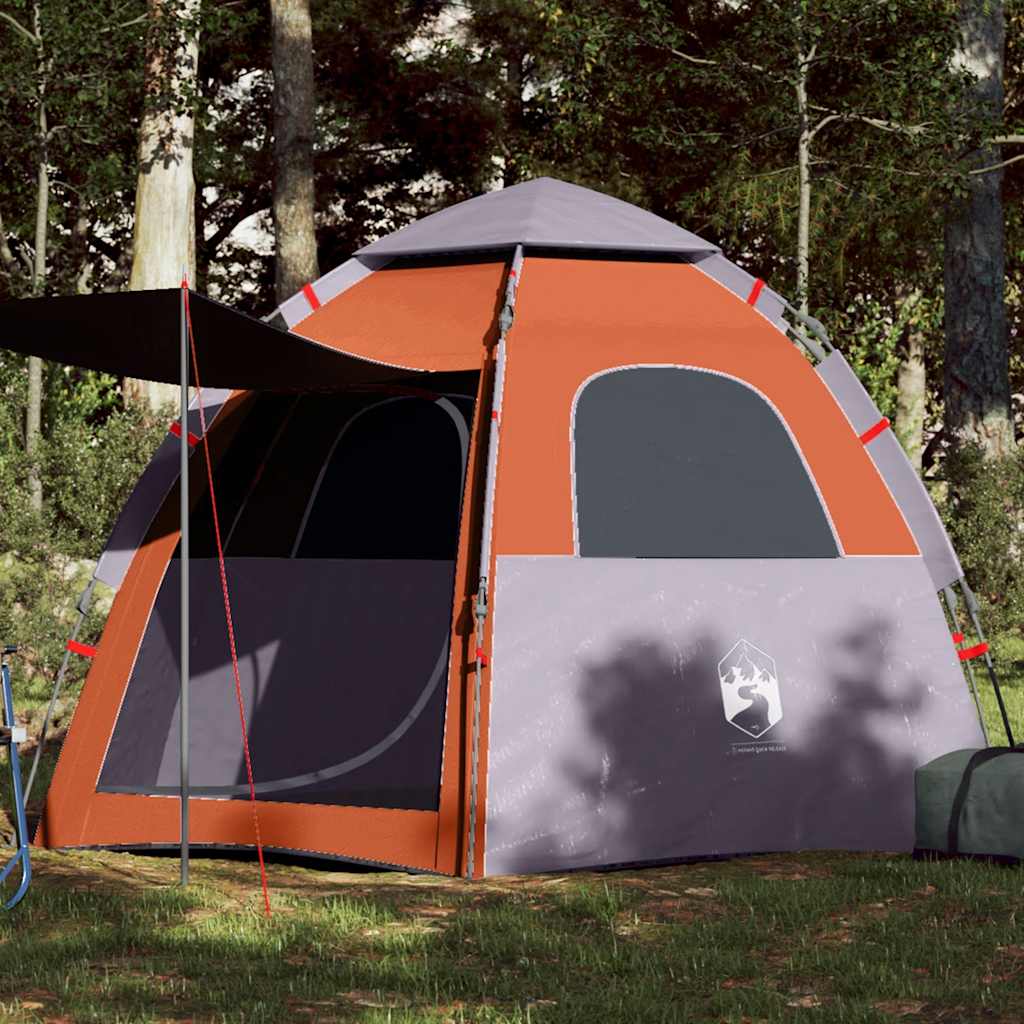 Camping Tent Cabin 4-Person Grey and Orange Quick Release - vid-4005334 - Charlotte Dunes