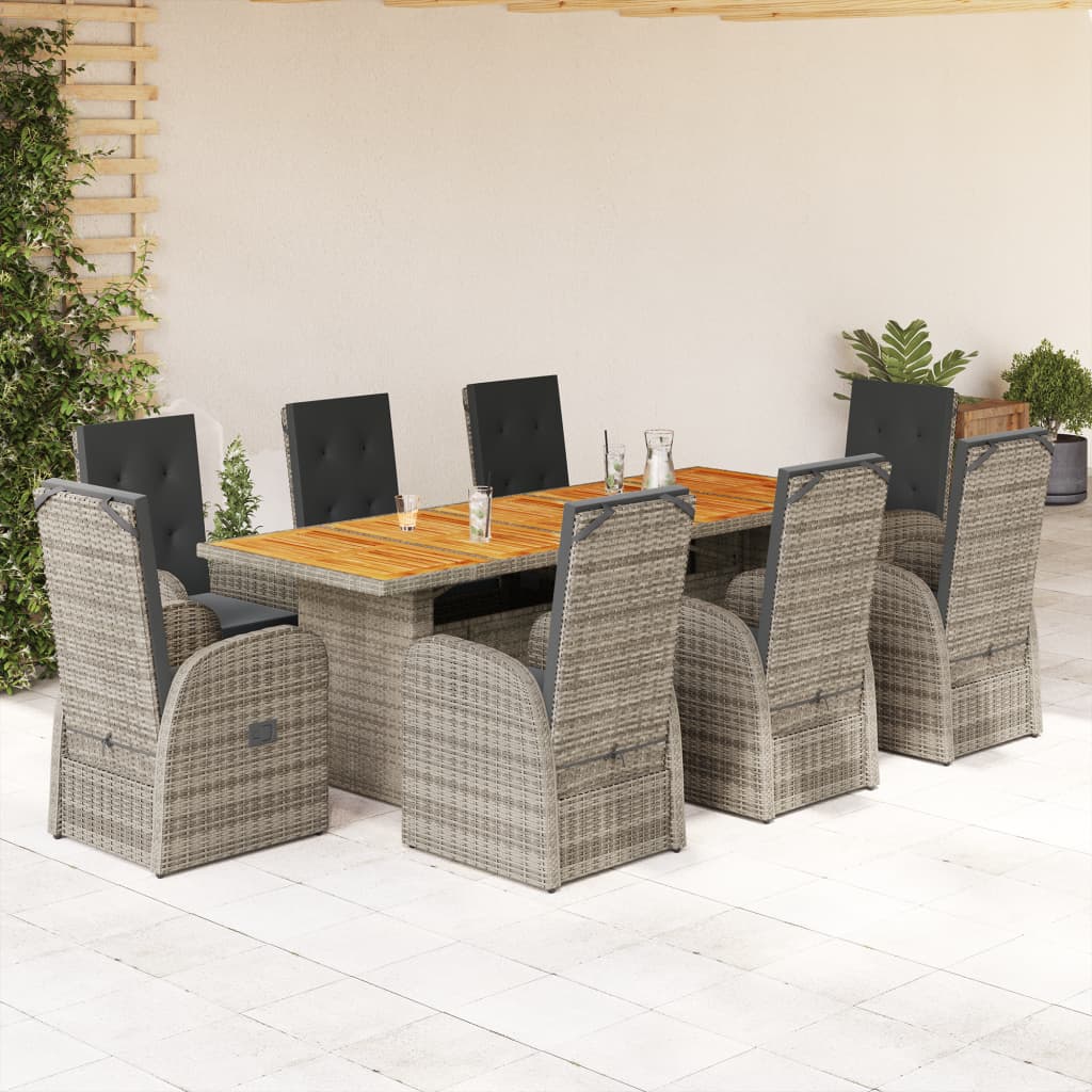 9 Piece Garden Dining Set with Cushions Grey Poly Rattan - Tyrell & Tyrell