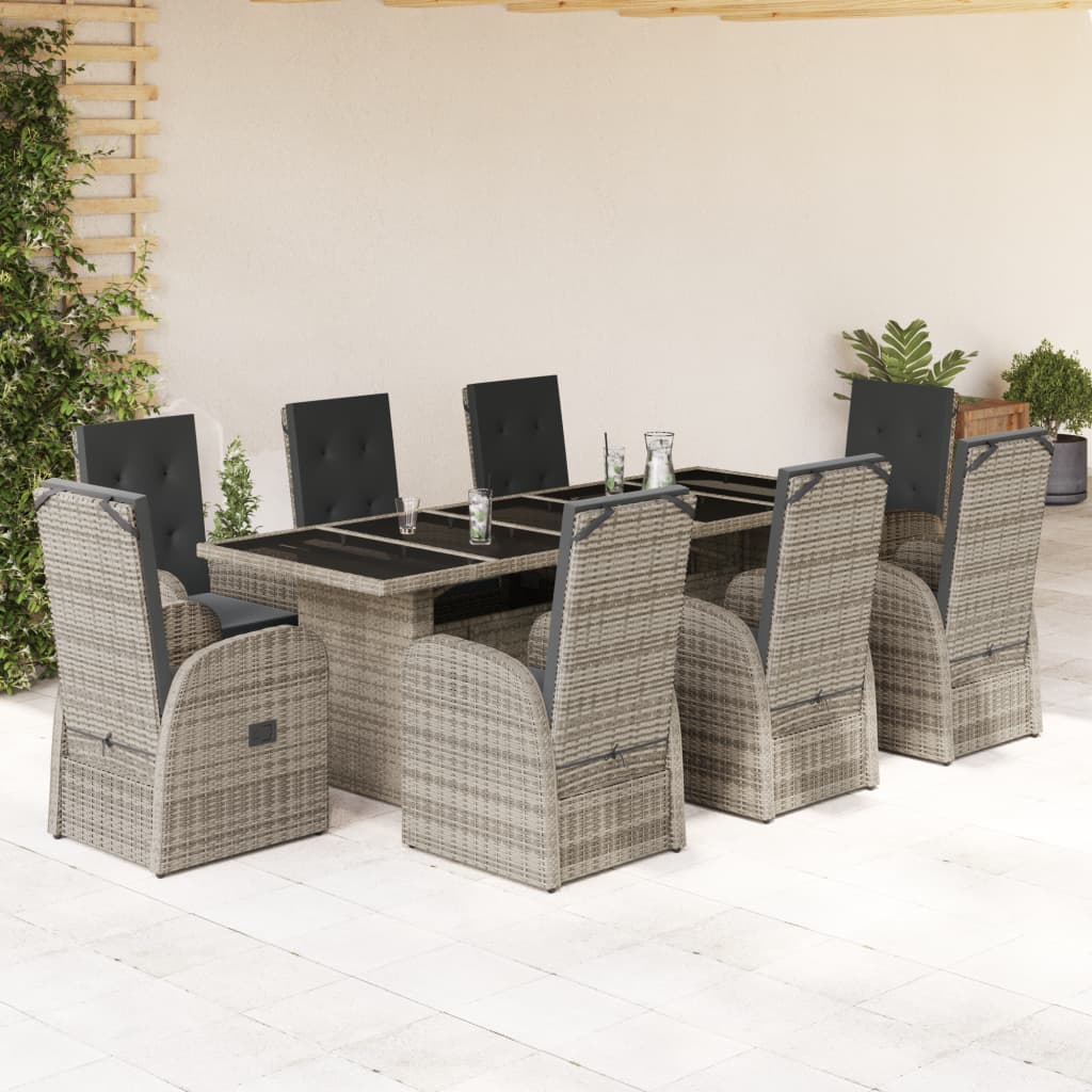 9 Piece Garden Dining Set with Cushions Grey Poly Rattan - Direct Imports