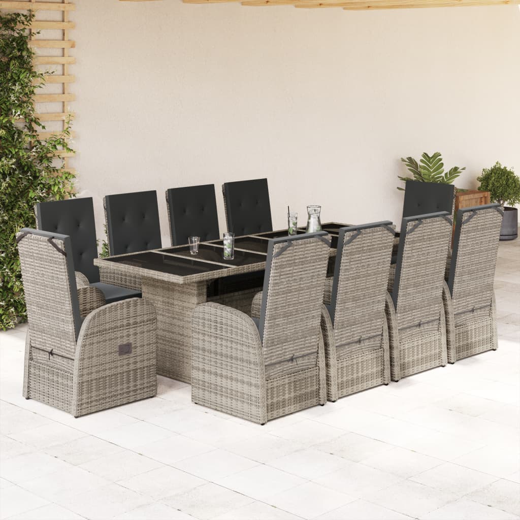 11 Piece Garden Dining Set with Cushions Grey Poly Rattan - Direct Imports