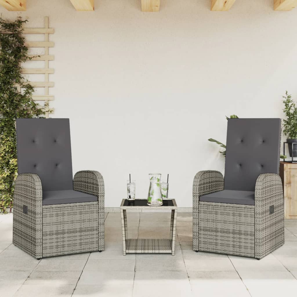 3 Piece Garden Dining Set with Cushions Grey Poly Rattan - Design Hut